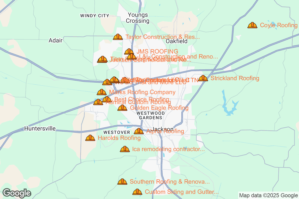 Map of Roofing Contractors in Jackson, Tennessee