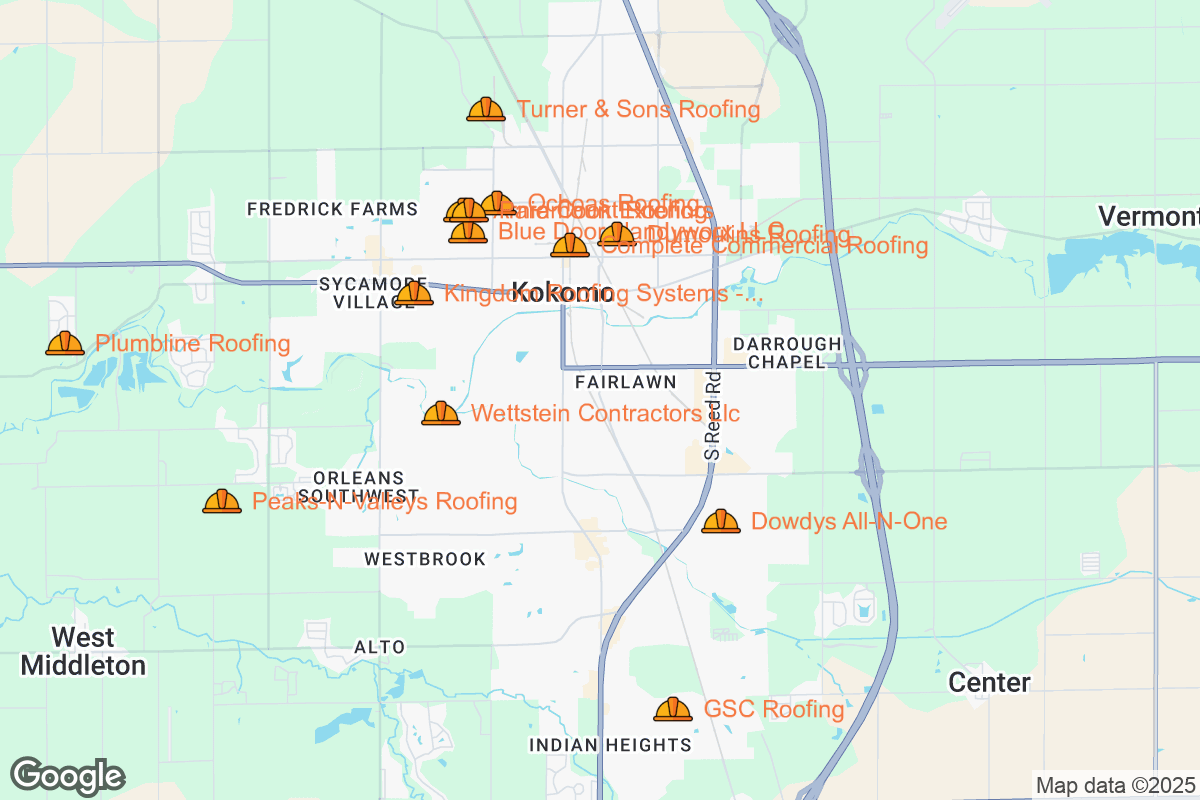 Map of Roofing Contractors in Kokomo, Indiana