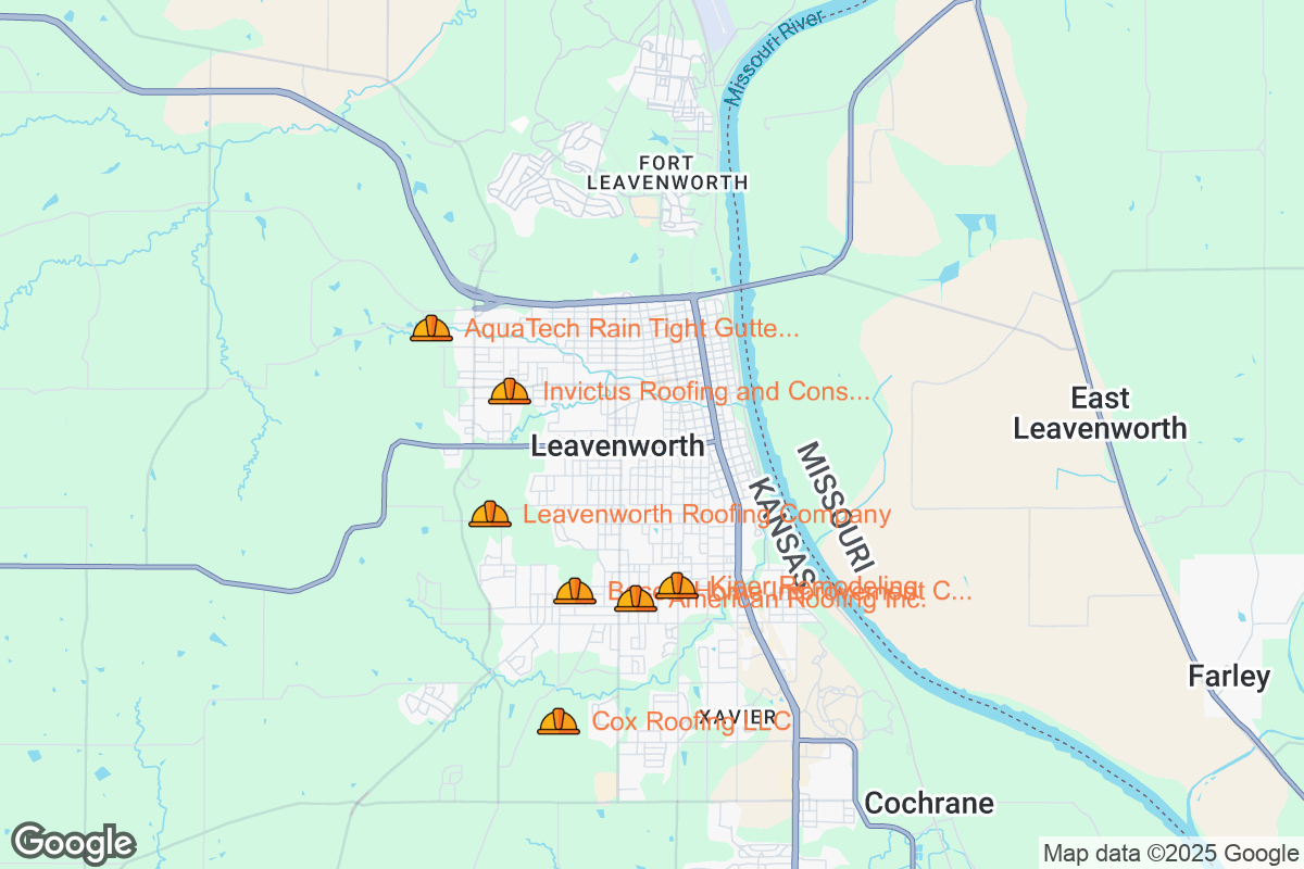 Map of Roofing Contractors in Leavenworth, Kansas