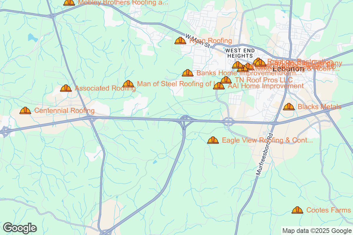 Map of Roofing Contractors in Lebanon, Tennessee