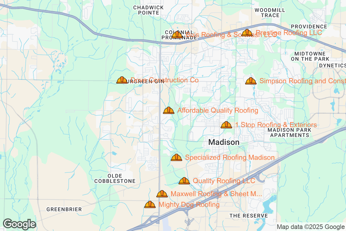 Map of Roofing Contractors in Madison, Alabama