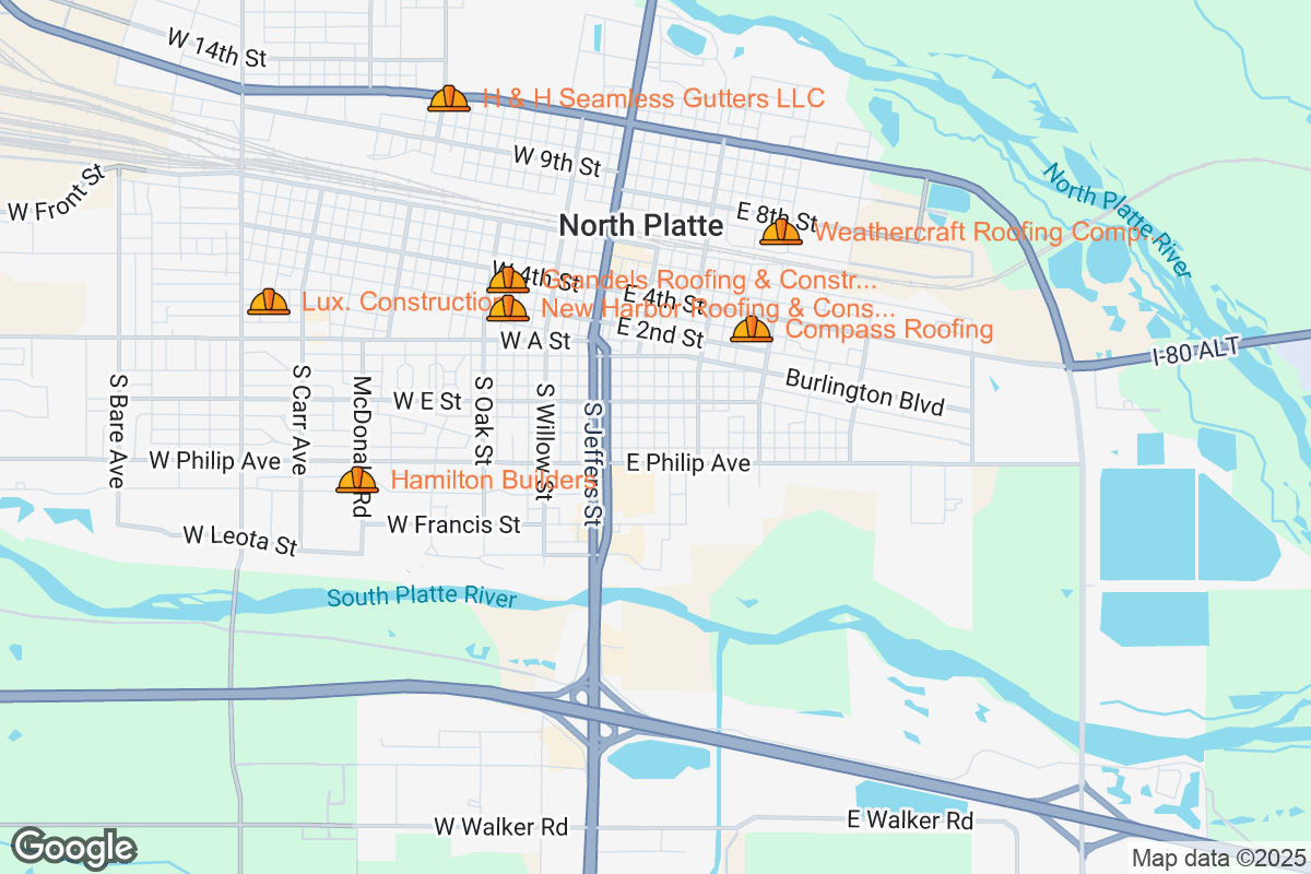 Map of Roofing Contractors in North Platte, Nebraska