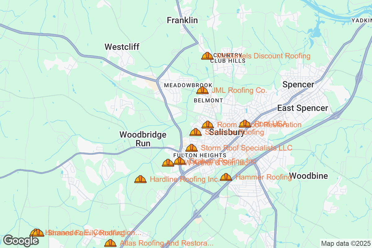 Map of Roofing Contractors in Salisbury, North Carolina