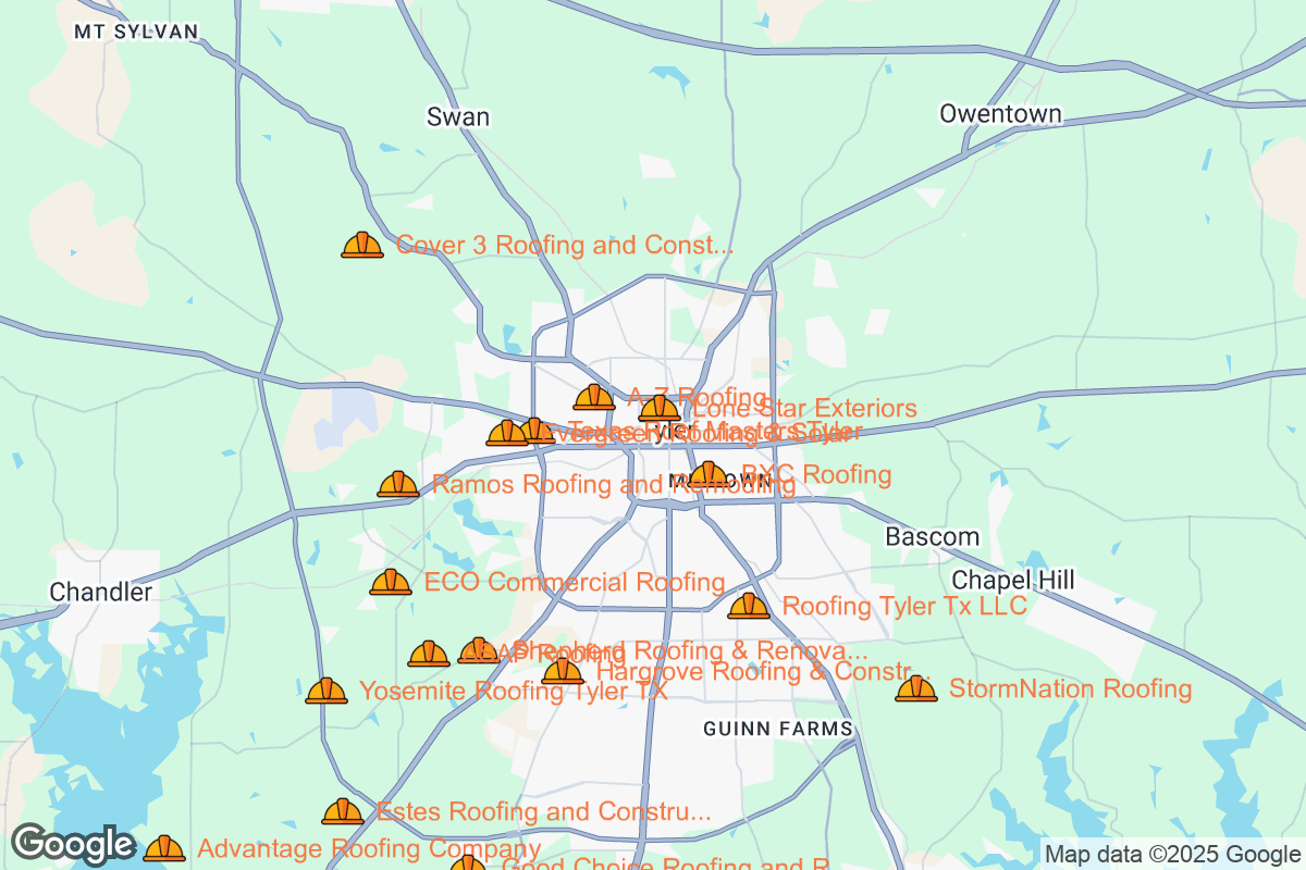 Map of Roofing Contractors in Tyler, Texas