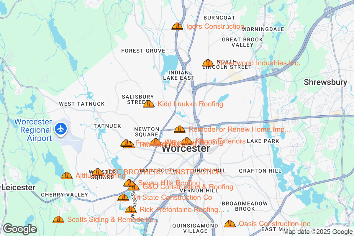 Map of Roofing Contractors in Worcester, Massachusetts