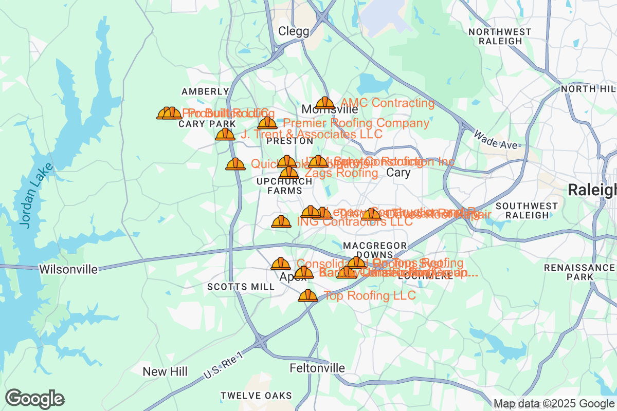 Map of Roofing Contractors in Cary, North Carolina
