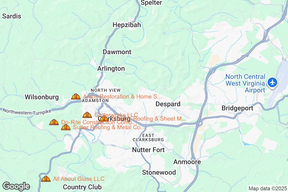 Map of Roofing Contractors in Clarksburg, West Virginia