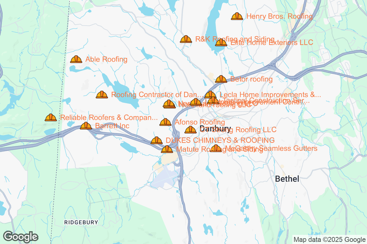 Map of Roofing Contractors in Danbury, Connecticut