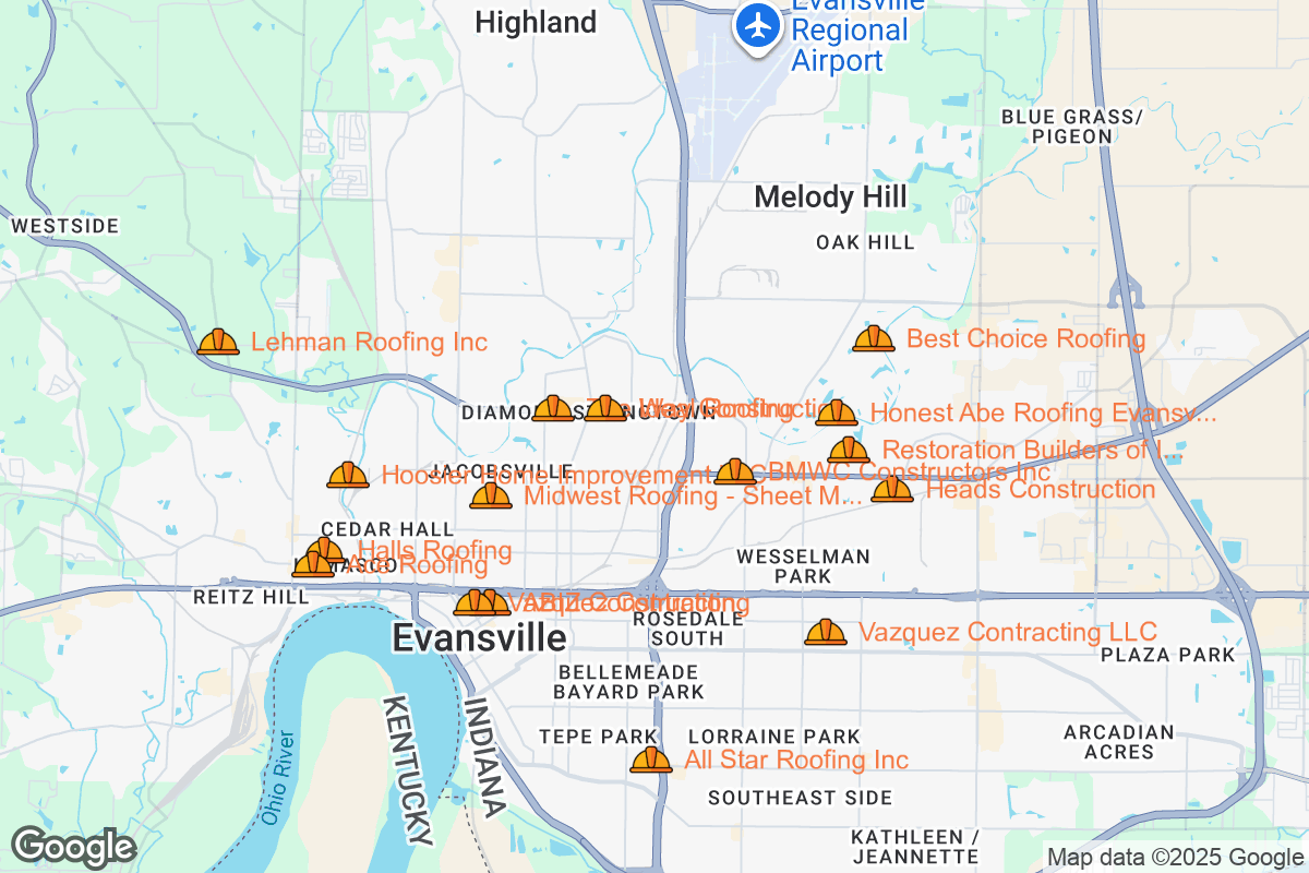 Map of Roofing Contractors in Evansville, Indiana