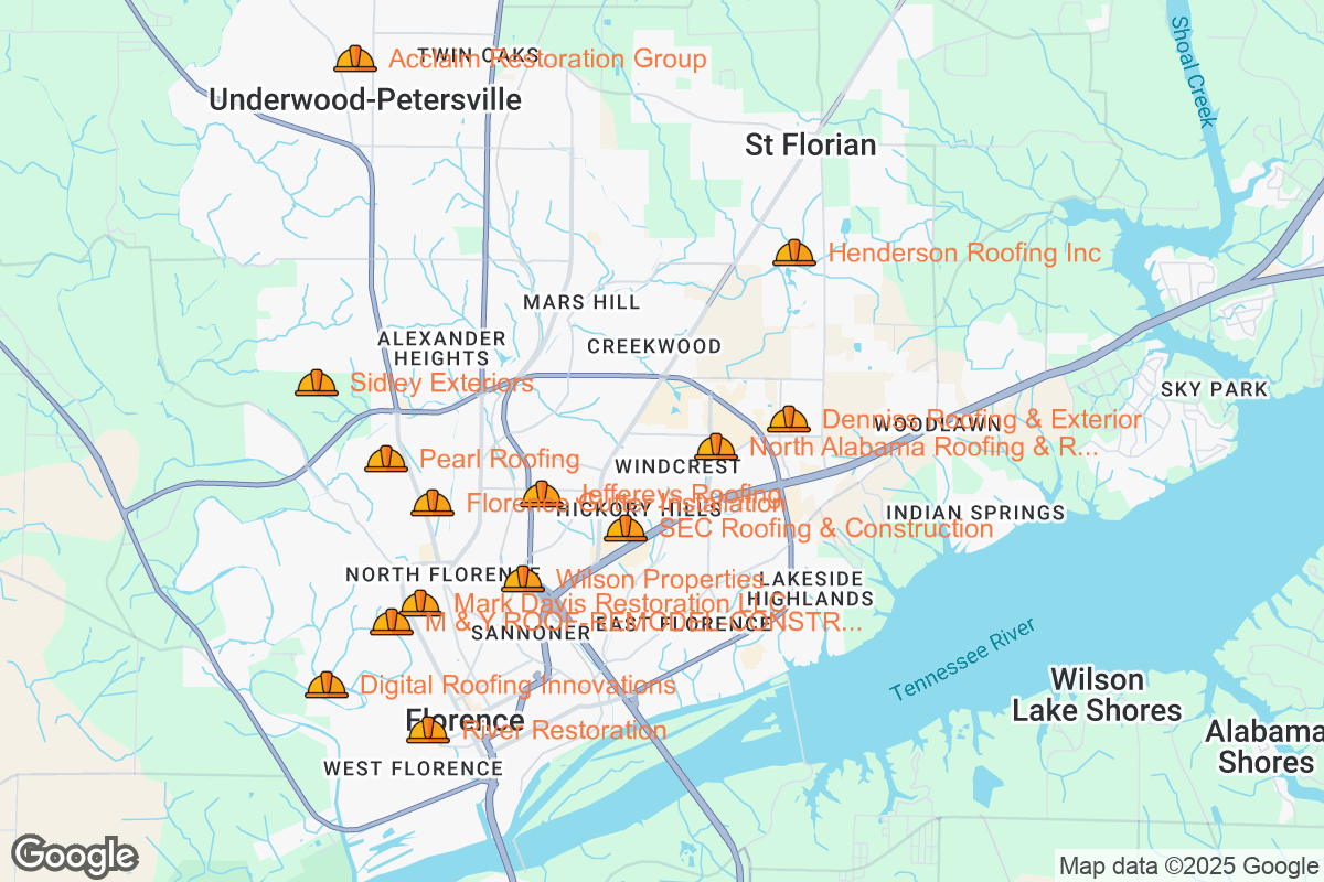 Map of Roofing Contractors in Florence, Alabama