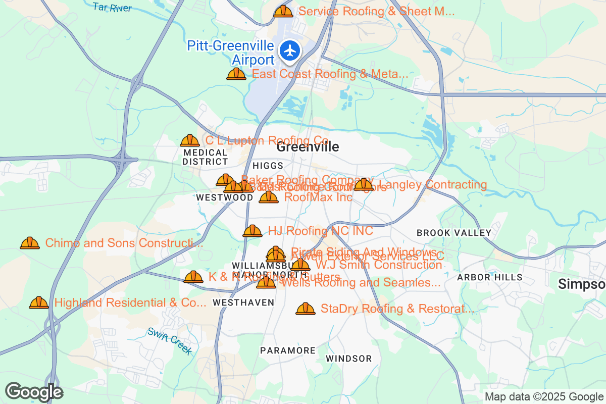 Map of Roofing Contractors in Greenville, North Carolina