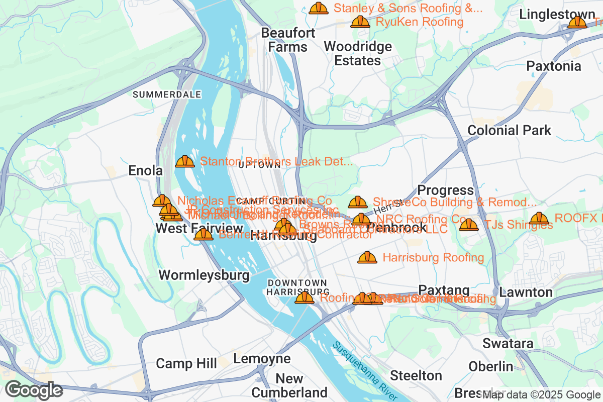 Map of Roofing Contractors in Harrisburg, Pennsylvania