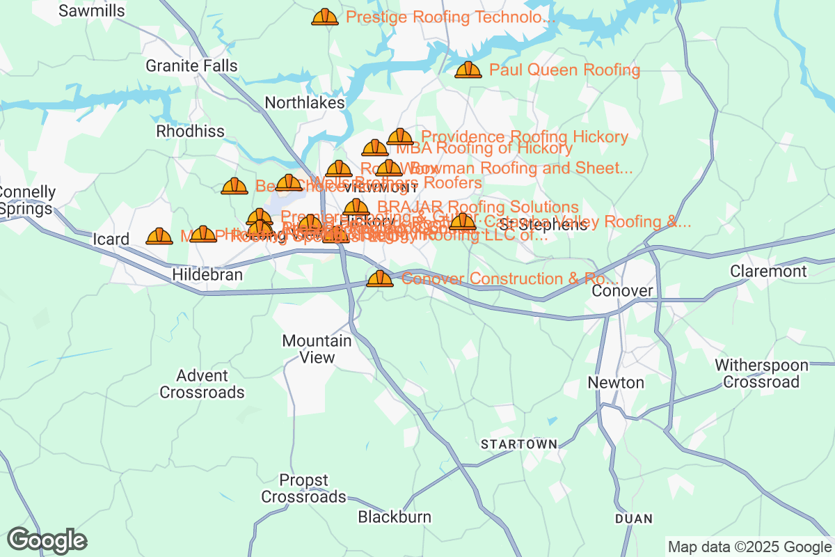 Map of Roofing Contractors in Hickory, North Carolina