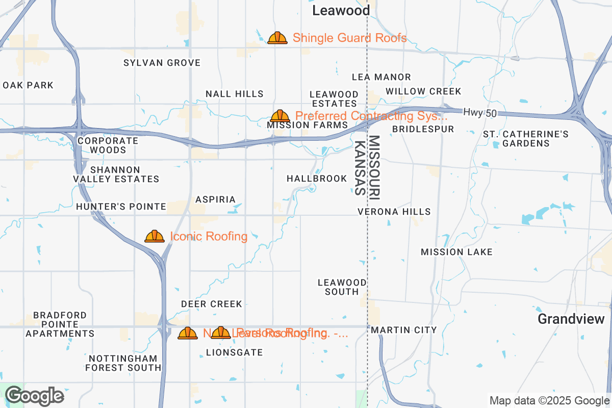 Map of Roofing Contractors in Leawood, Kansas