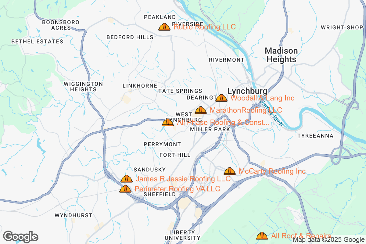Map of Roofing Contractors in Lynchburg, Virginia
