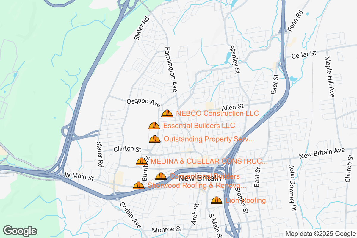 Map of Roofing Contractors in New Britain, Connecticut