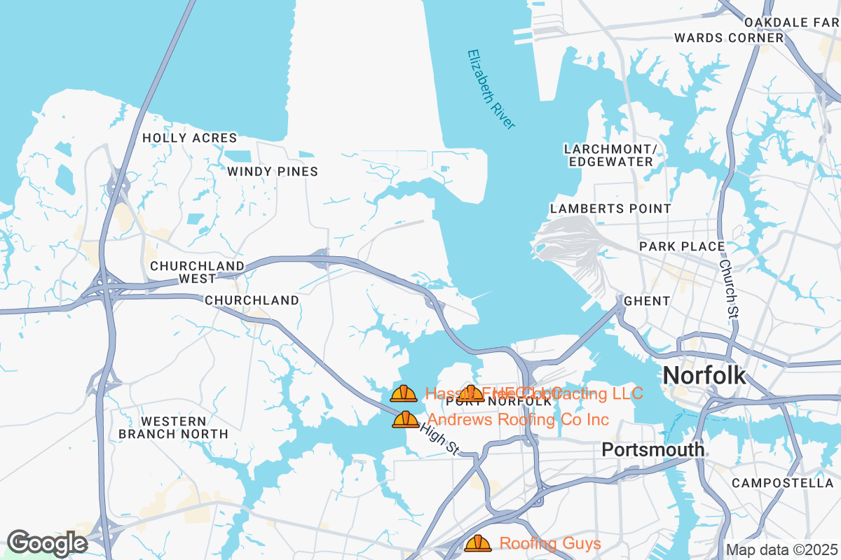Map of Roofing Contractors in Portsmouth, Virginia