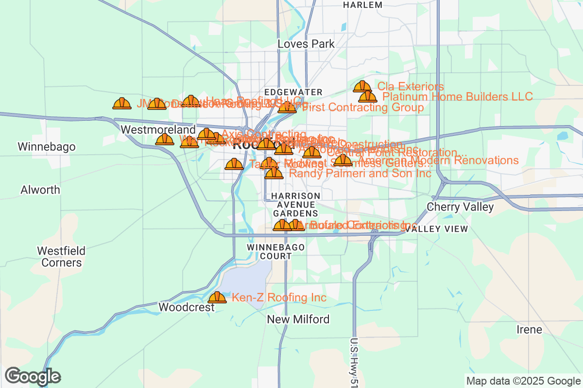 Map of Roofing Contractors in Rockford, Illinois