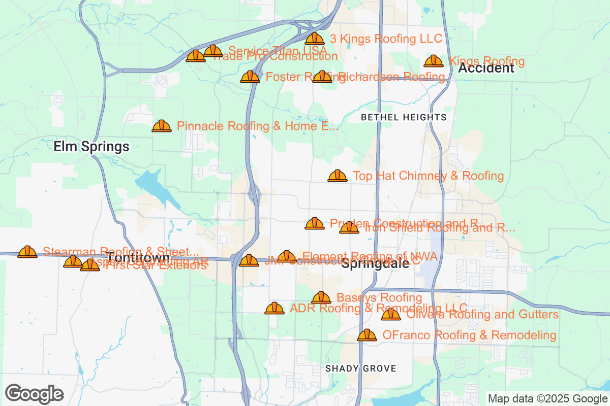 Map of Roofing Contractors in Springdale, Arkansas