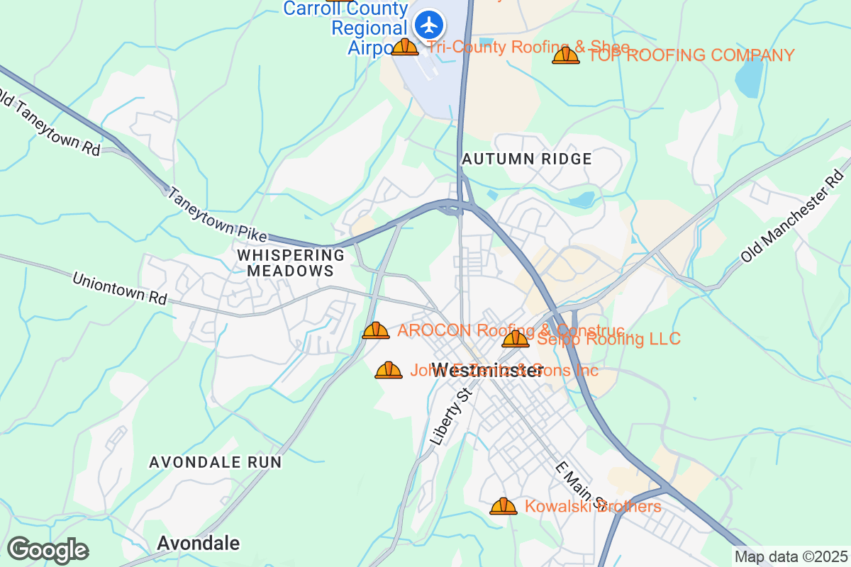 Map of Roofing Contractors in Westminster, Maryland