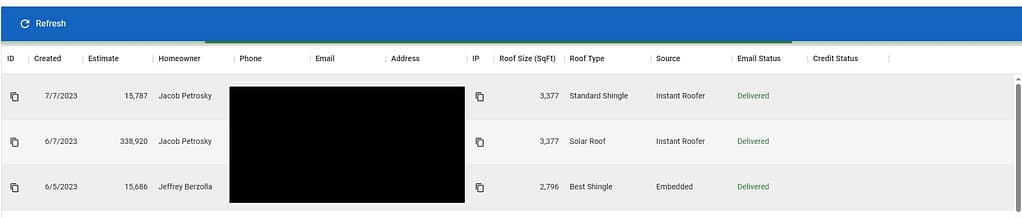 A List of roofing contractor leads in Instant Roofers Dashboard