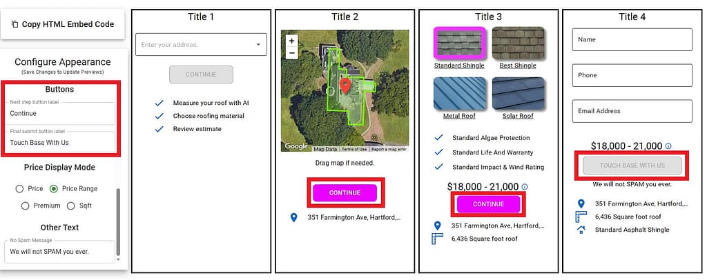 Instant Roofers Calculator with customized button text controls