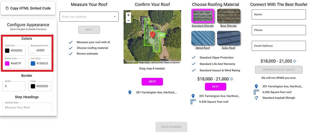 Instant Roofers Calculator with Color control toggle