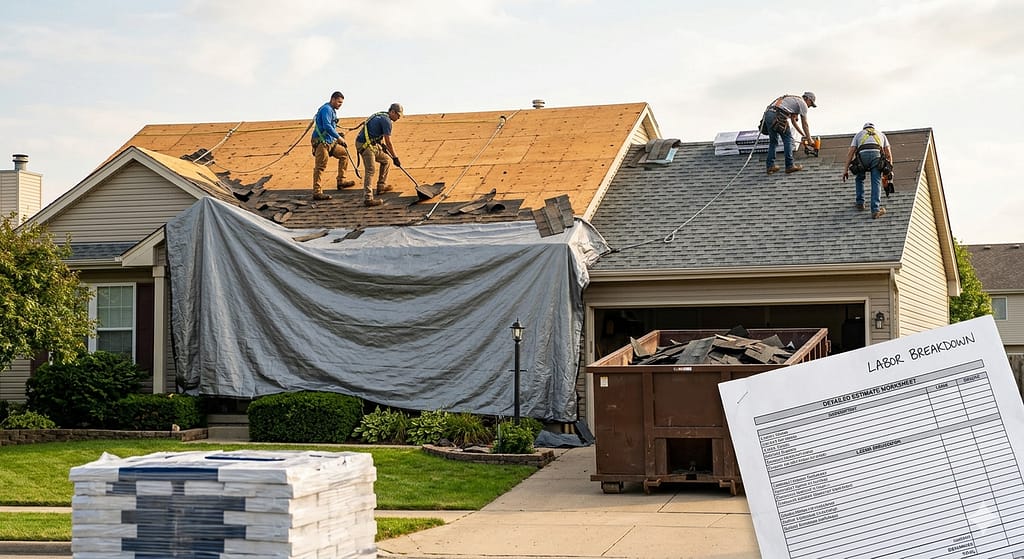Roofing crew replacing shingles on a house, with a detailed labor breakdown quote visible in the foreground.