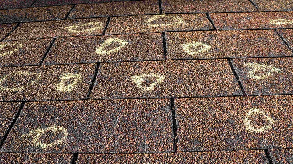 Insurance adjuster marked the hail damage on an insured roof