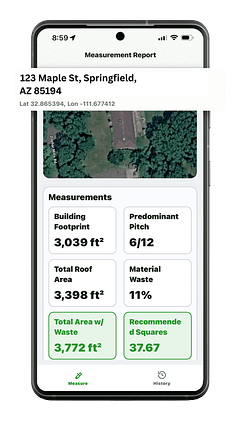 Instant Roofer mobile app roof measurement screen