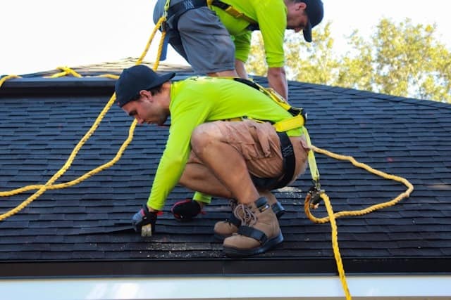 Two professional roofing contractors repairing asphalt tiles on a steep roof, illustrating the labor and safety factors that influence the total roof replacement cost per square foot in 2026.