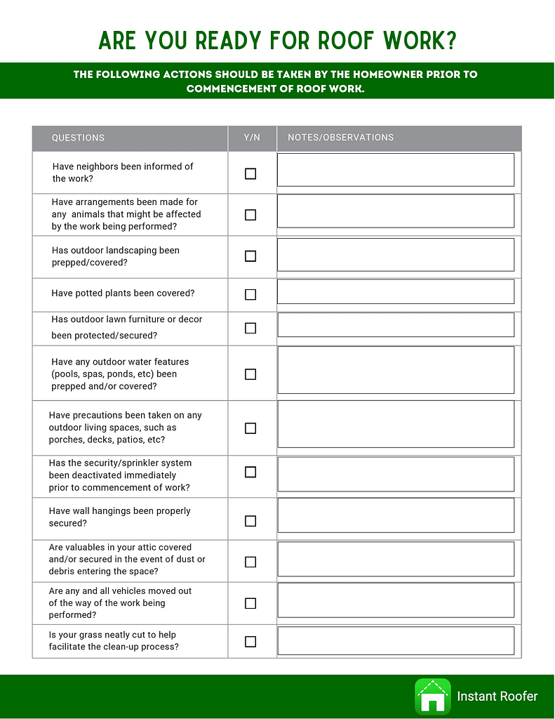 Fillable Form - Are you ready for roof work checklist