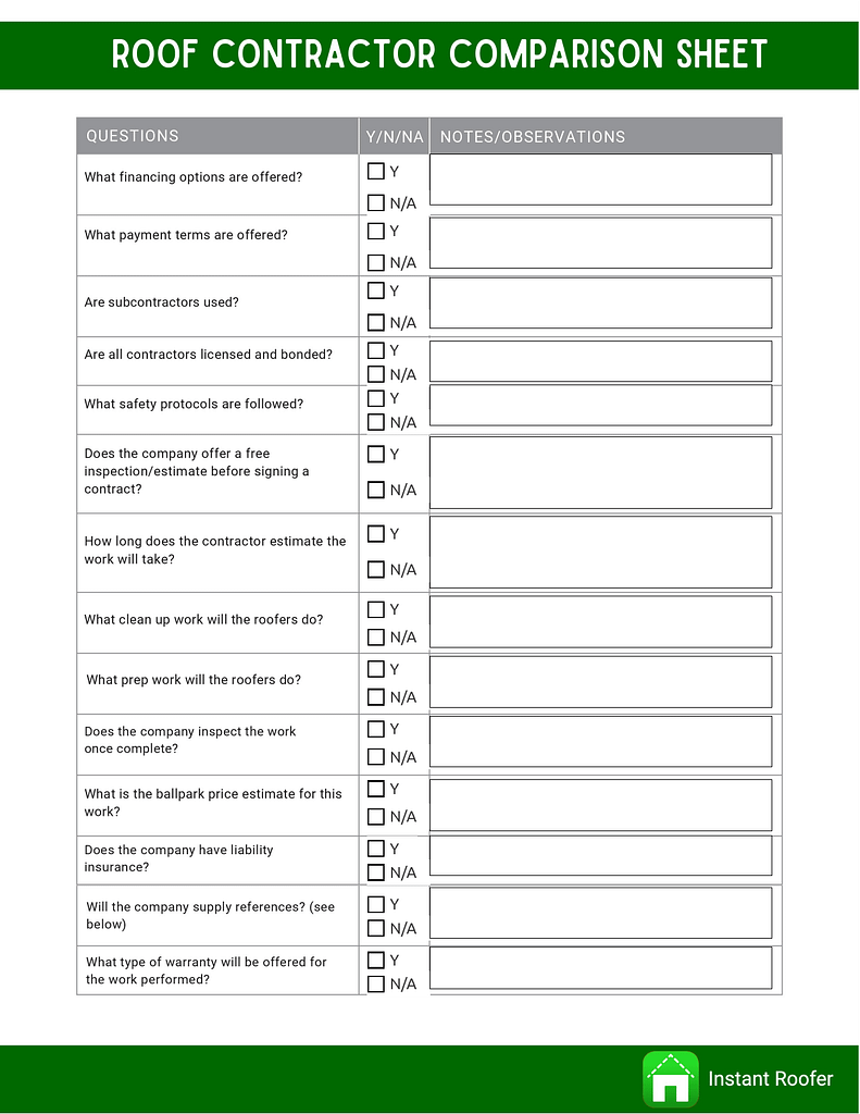 Fillable Form - Roof contractor comparison sheet