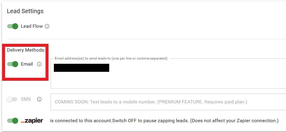 Instant Roofer Lead Delivery toggle for email