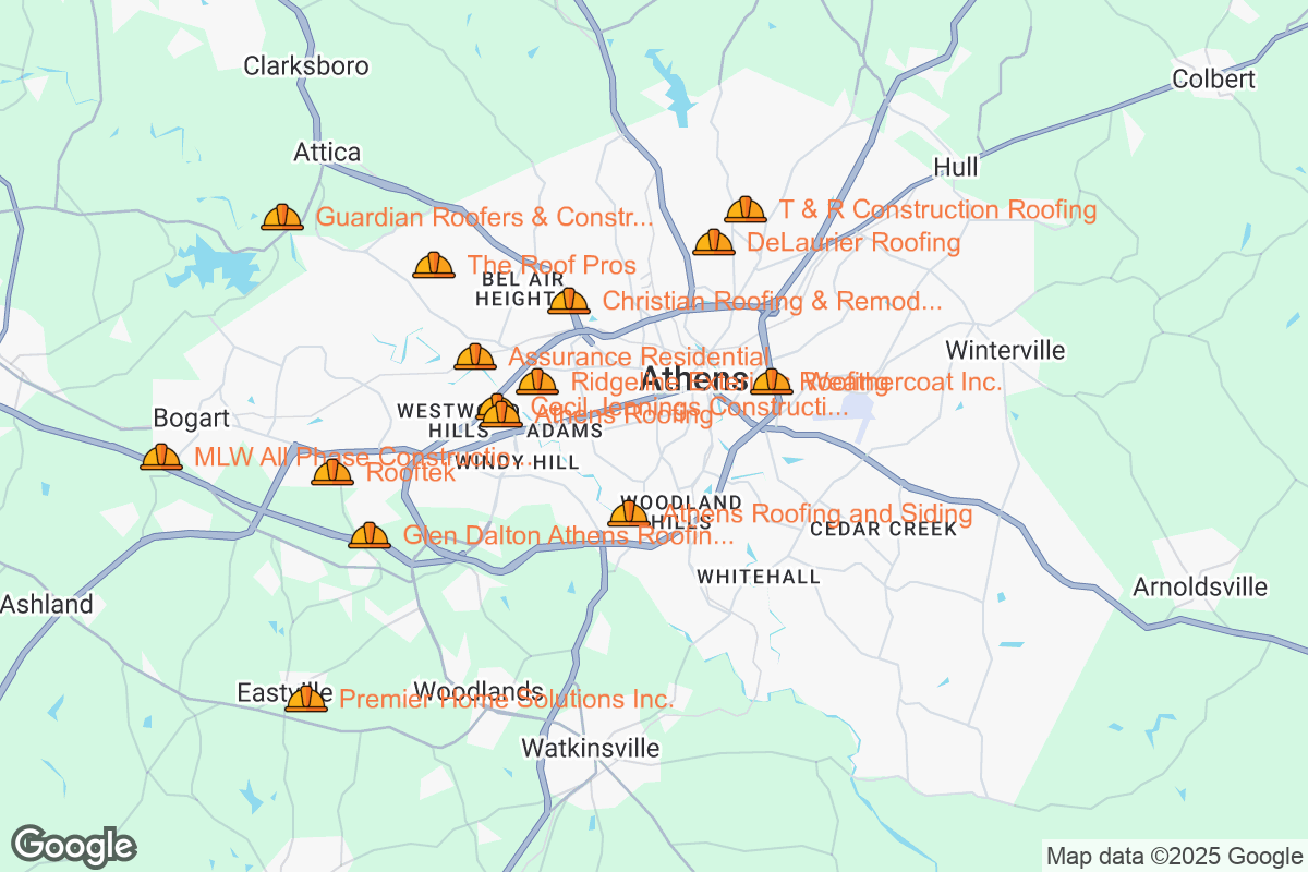 Map of Roofing Contractors in Athens, Georgia