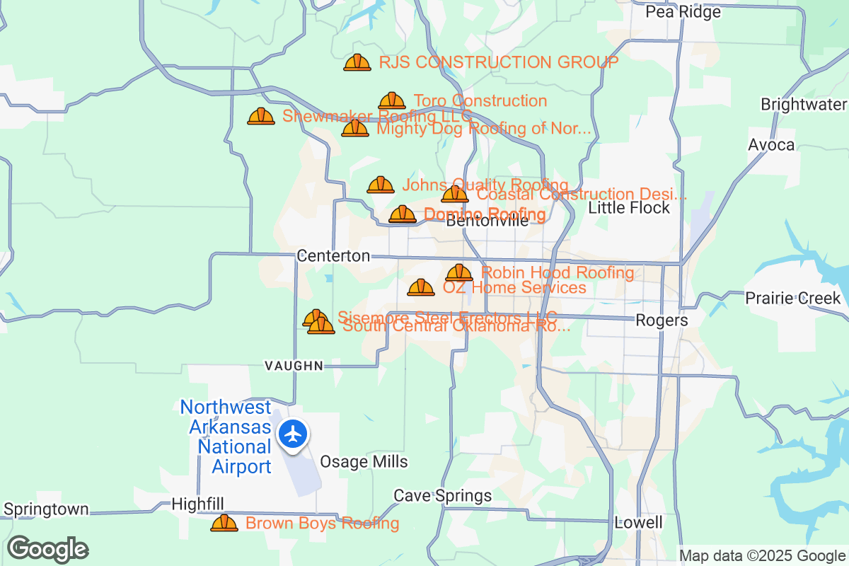 Map of Roofing Contractors in Bentonville, Arkansas