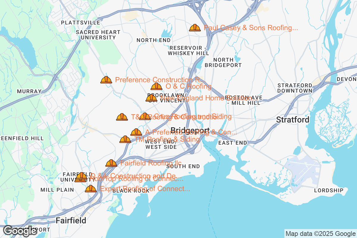 Map of Roofing Contractors in Bridgeport, Connecticut