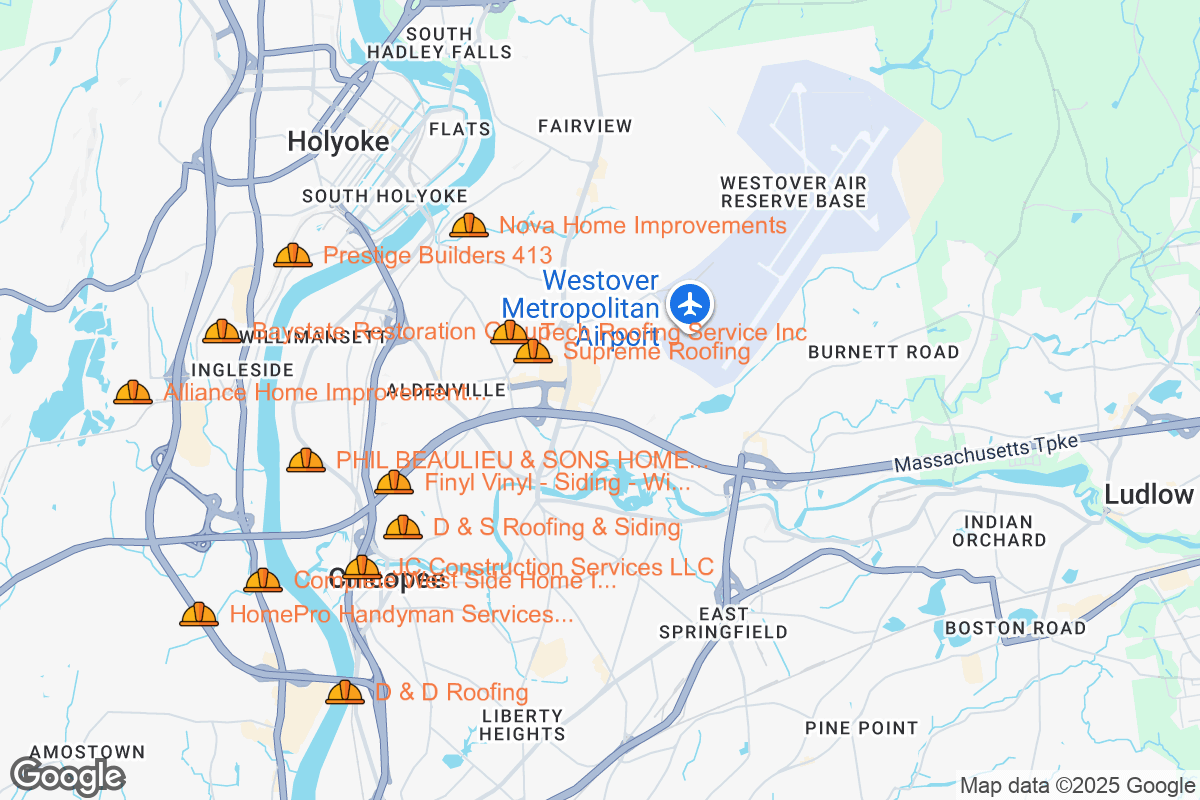 Map of Roofing Contractors in Chicopee, Massachusetts