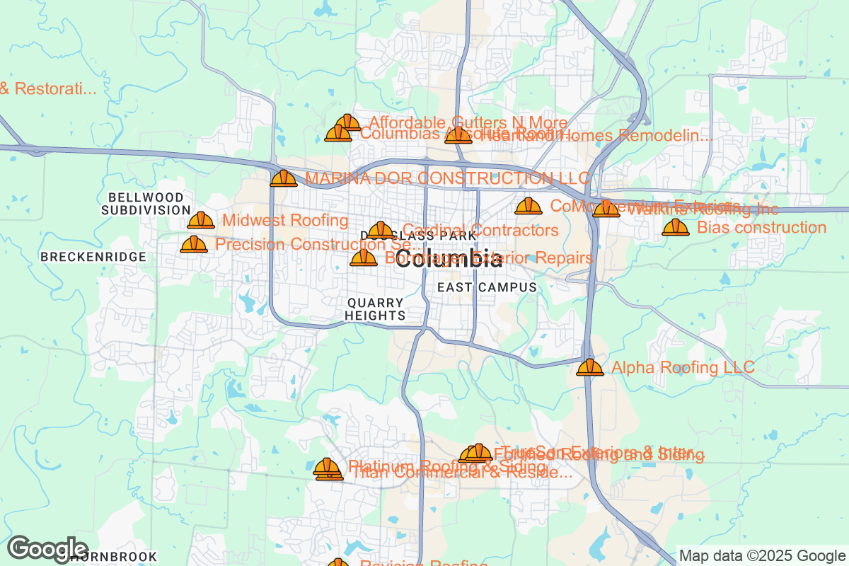 Map of Roofing Contractors in Columbia, Missouri