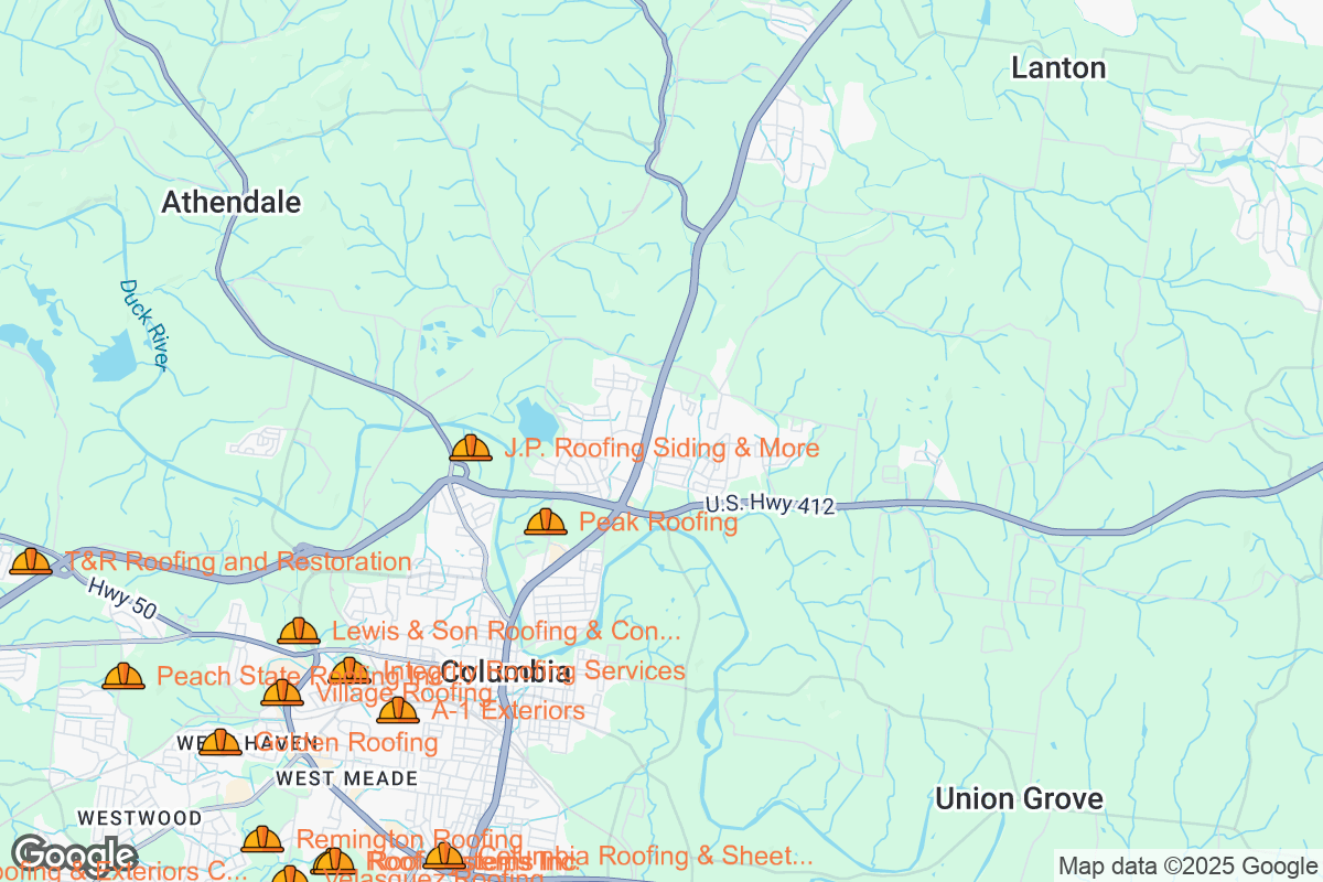 Map of Roofing Contractors in Columbia, Tennessee