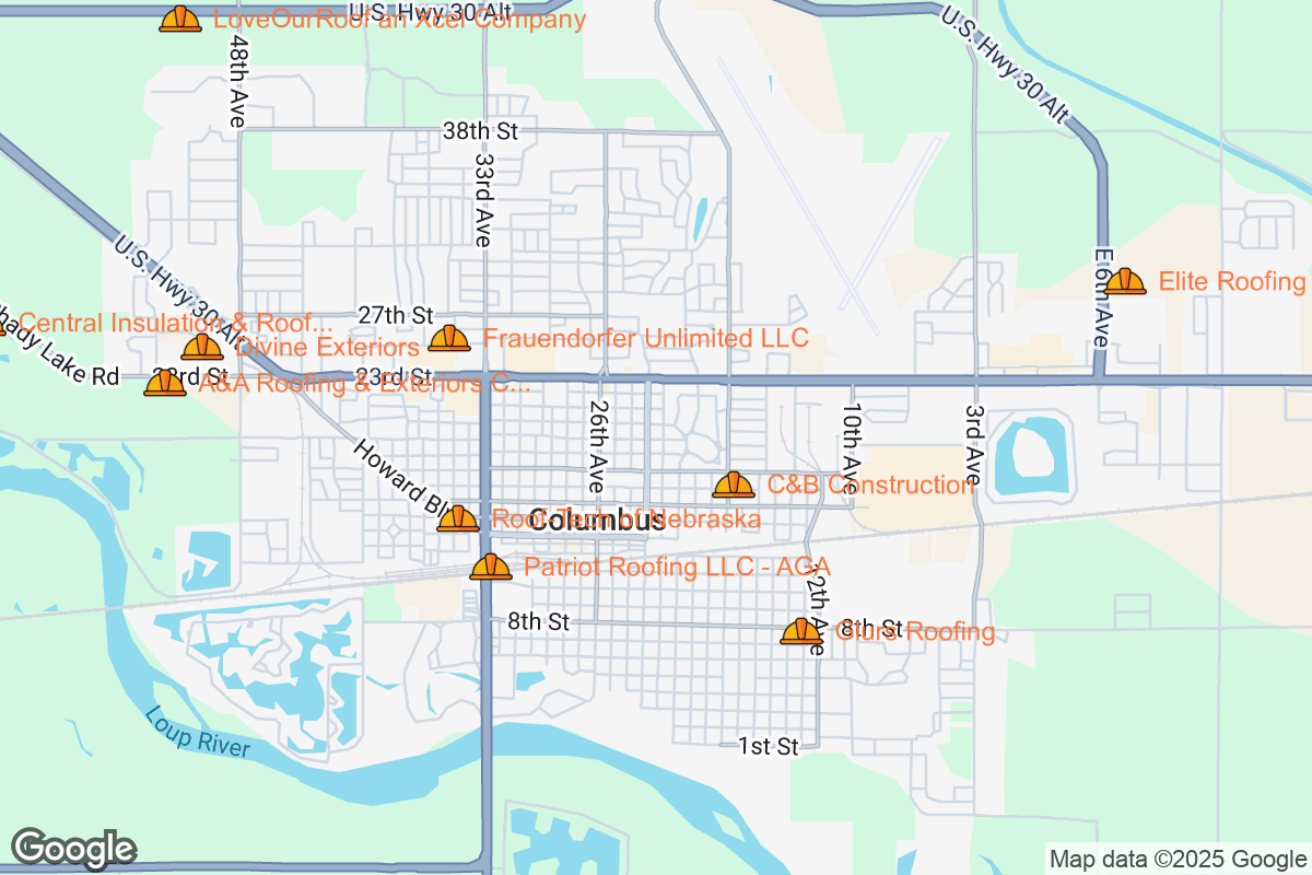 Map of Roofing Contractors in Columbus, Nebraska