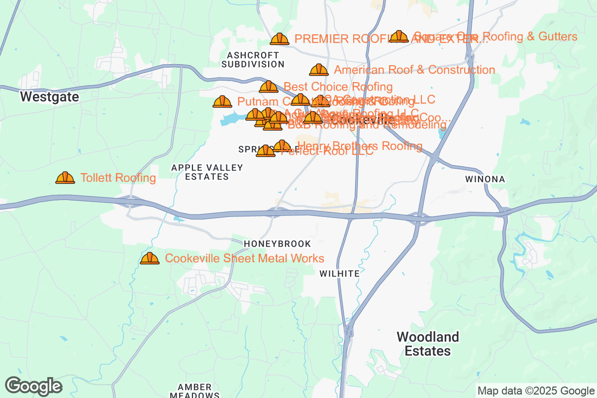 Map of Roofing Contractors in Cookeville, Tennessee