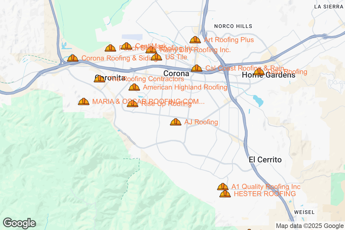 Map of Roofing Contractors in Corona, California