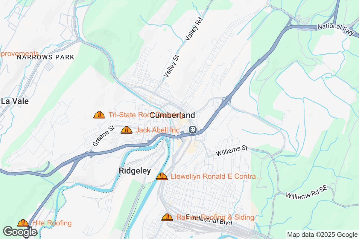 Map of Roofing Contractors in Cumberland, Maryland