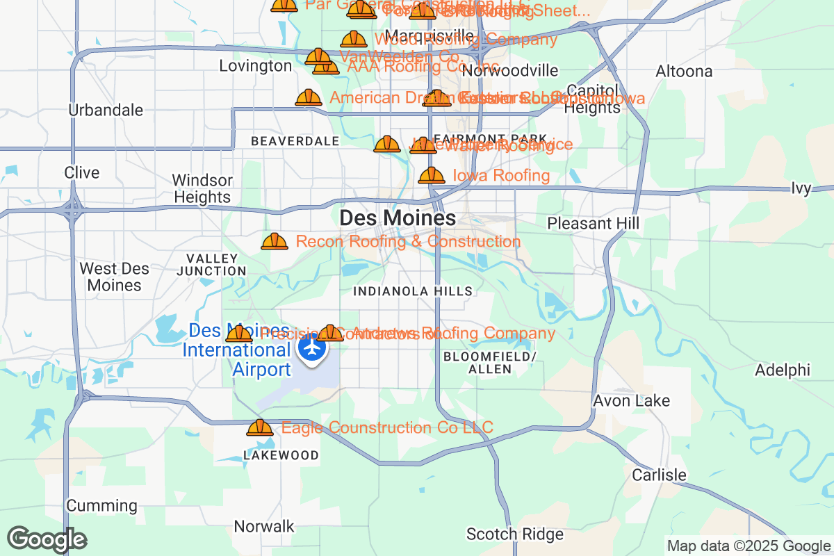Map of Roofing Contractors in Des Moines, Iowa