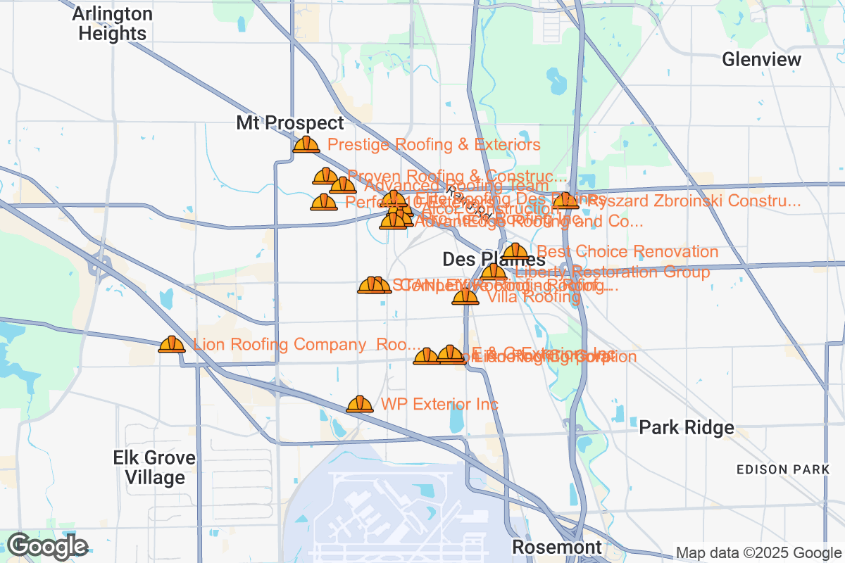 Map of Roofing Contractors in Des Plaines, Illinois