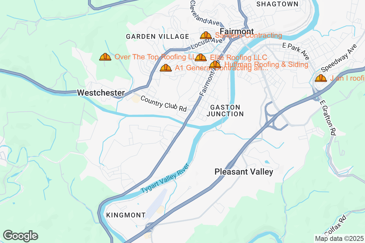 Map of Roofing Contractors in Fairmont, West Virginia