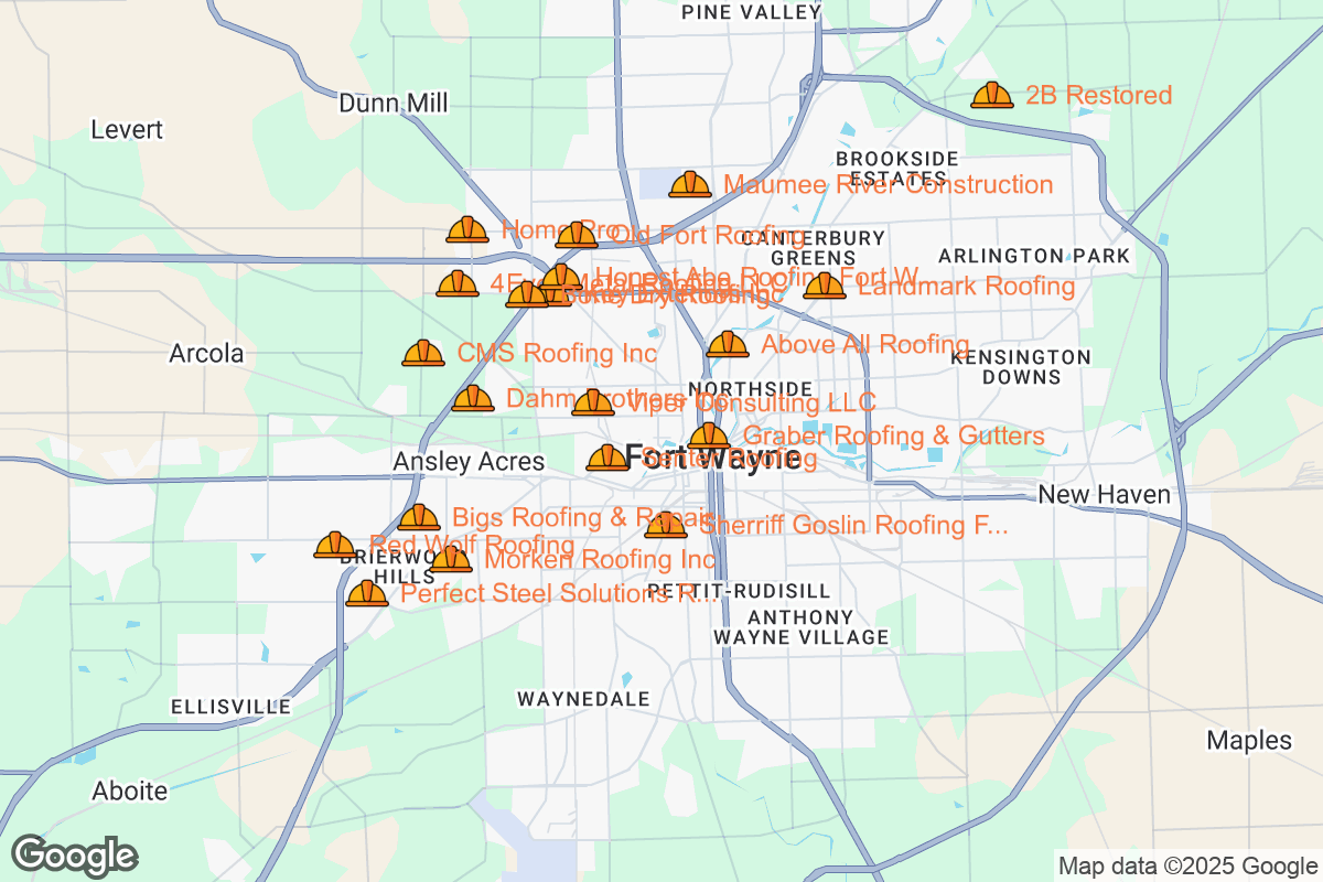Map of Roofing Contractors in Fort Wayne, Indiana