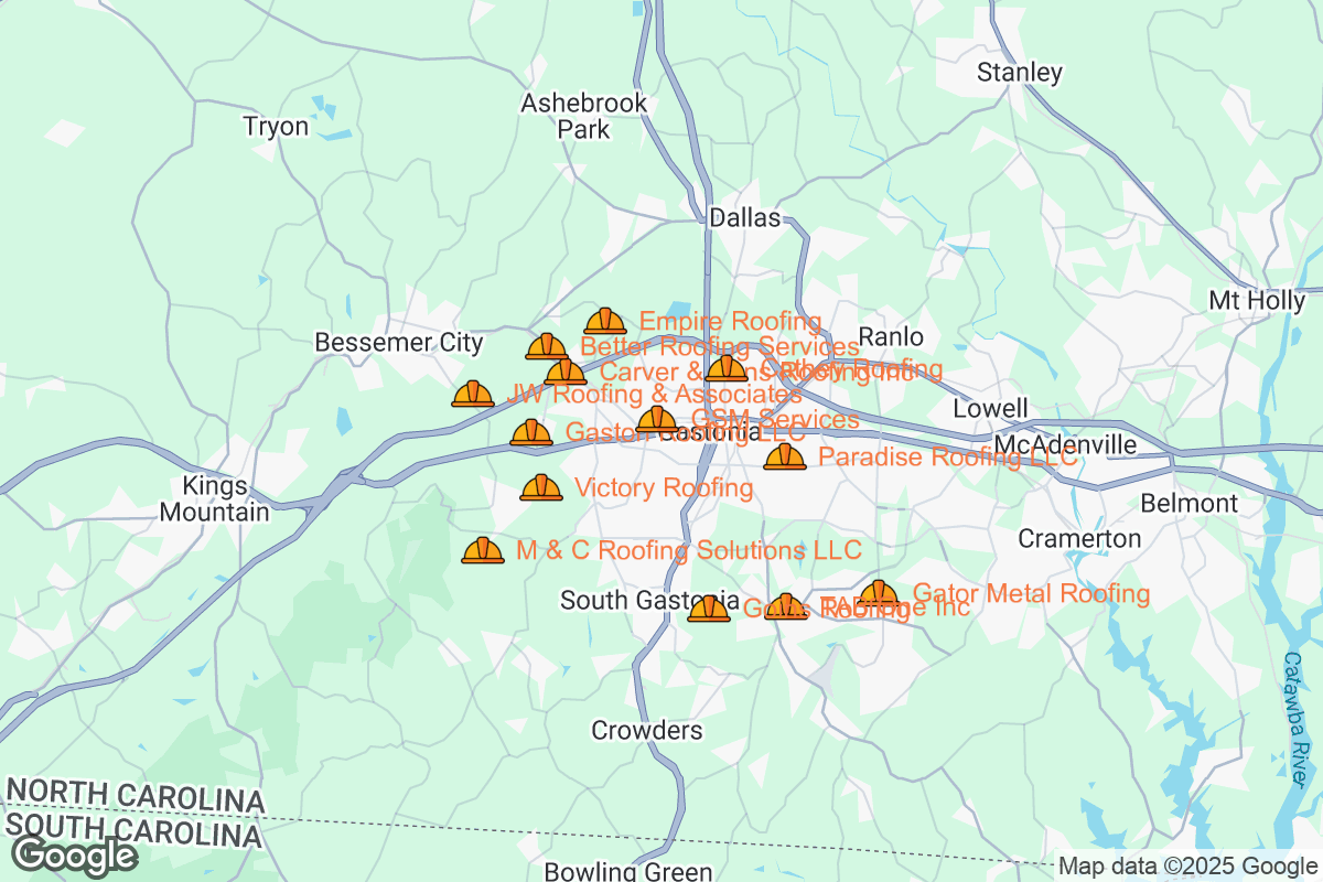 Map of Roofing Contractors in Gastonia, North Carolina