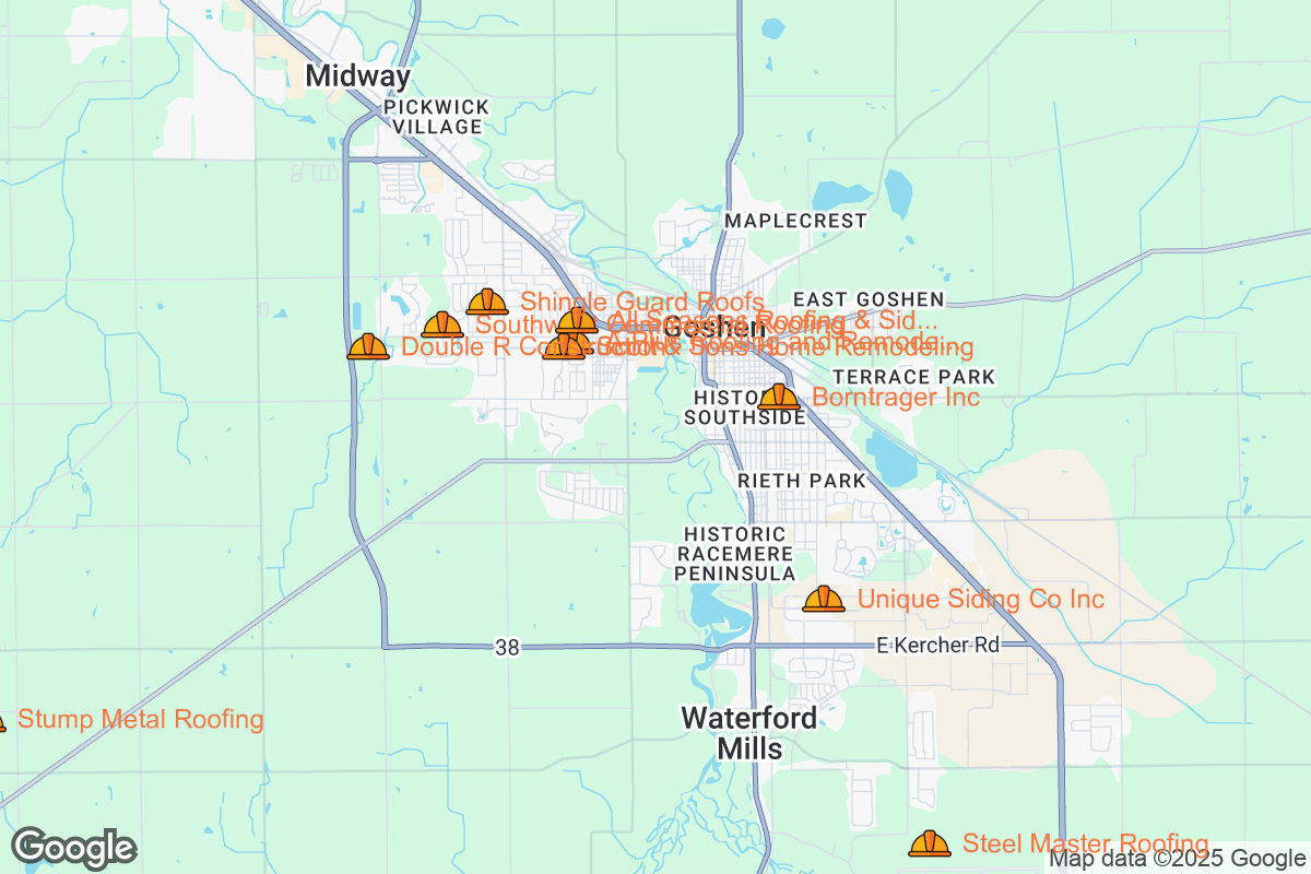 Map of Roofing Contractors in Goshen, Indiana
